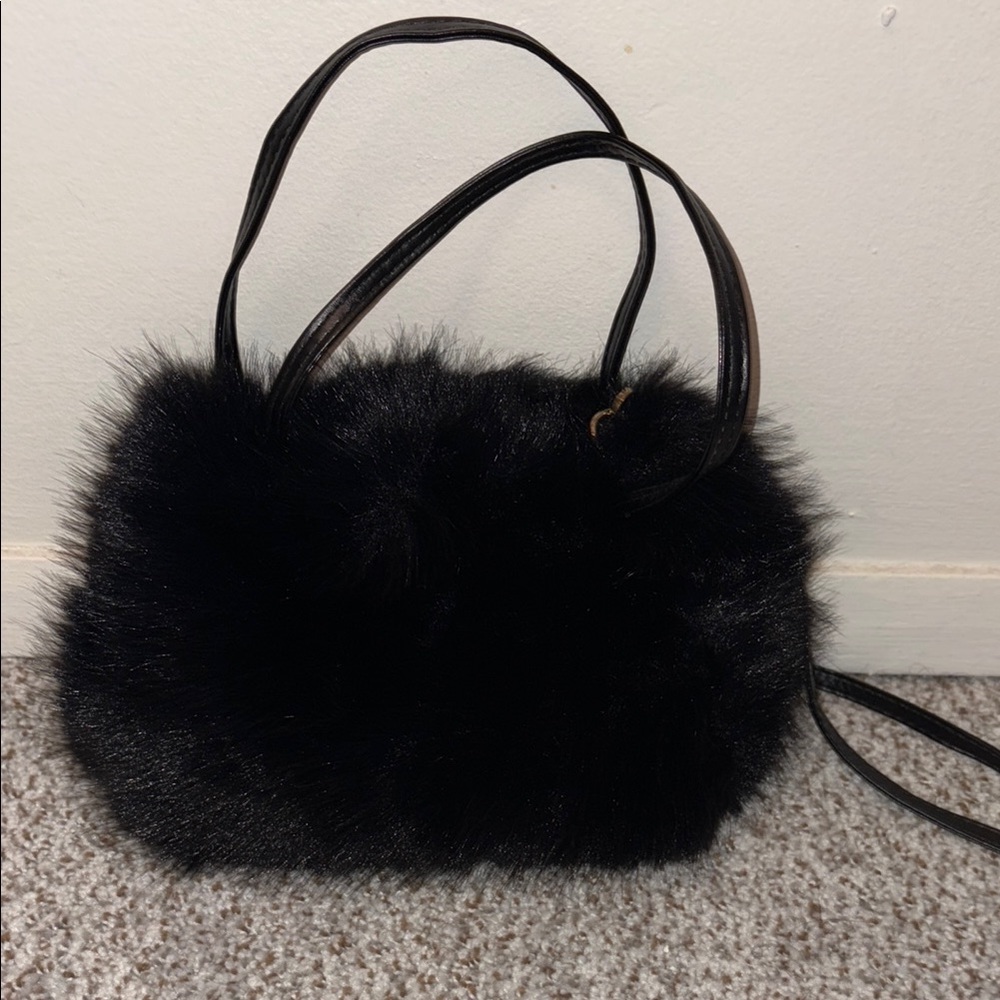 Black Crossbody Bag with Furry Texture and Rounded Shape